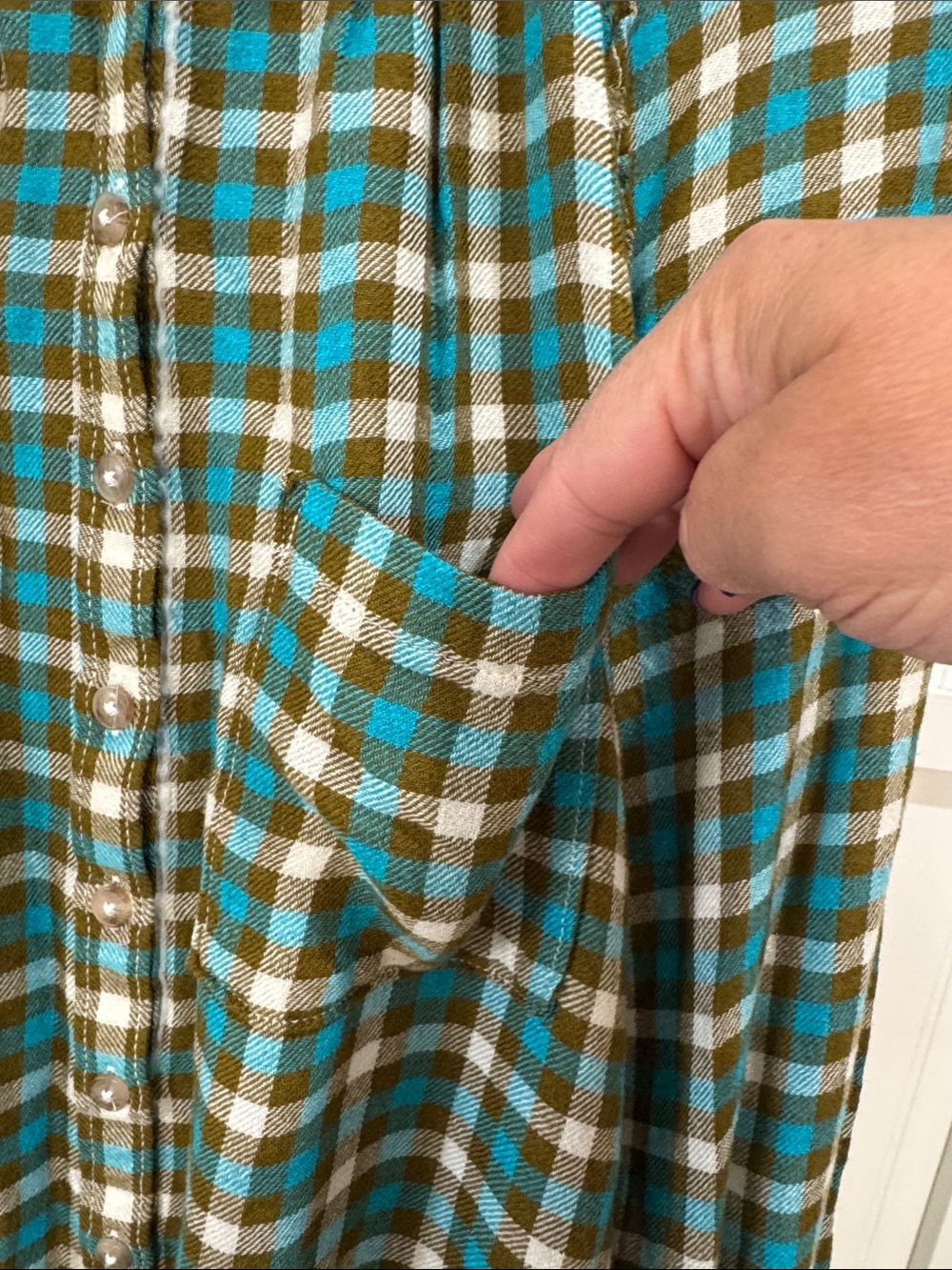 #639 Anthropologie PILCRO Breezy Teal & Olive Checked Button-Down Shirt - Picture 5 of 12